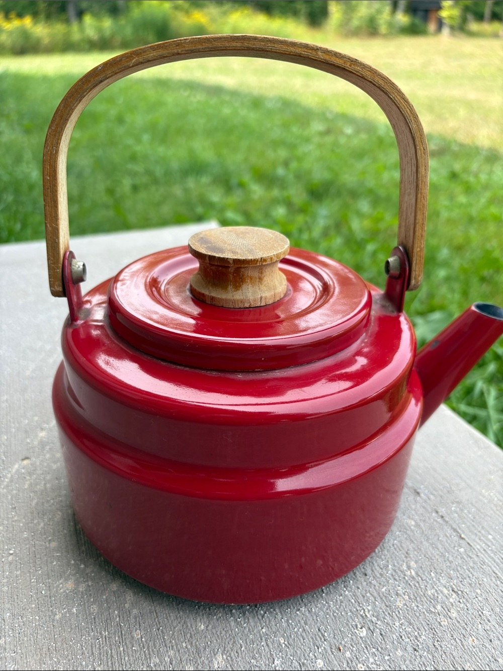 Red Enamel mid century Teakettle with Wooden Handle